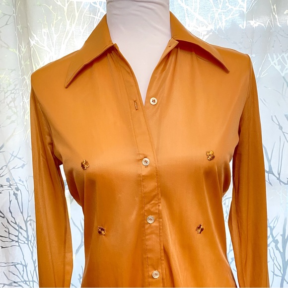 Vintage blue swan skirtikins tan brown collared button up floral bodysuit top - Picture 3 of 8